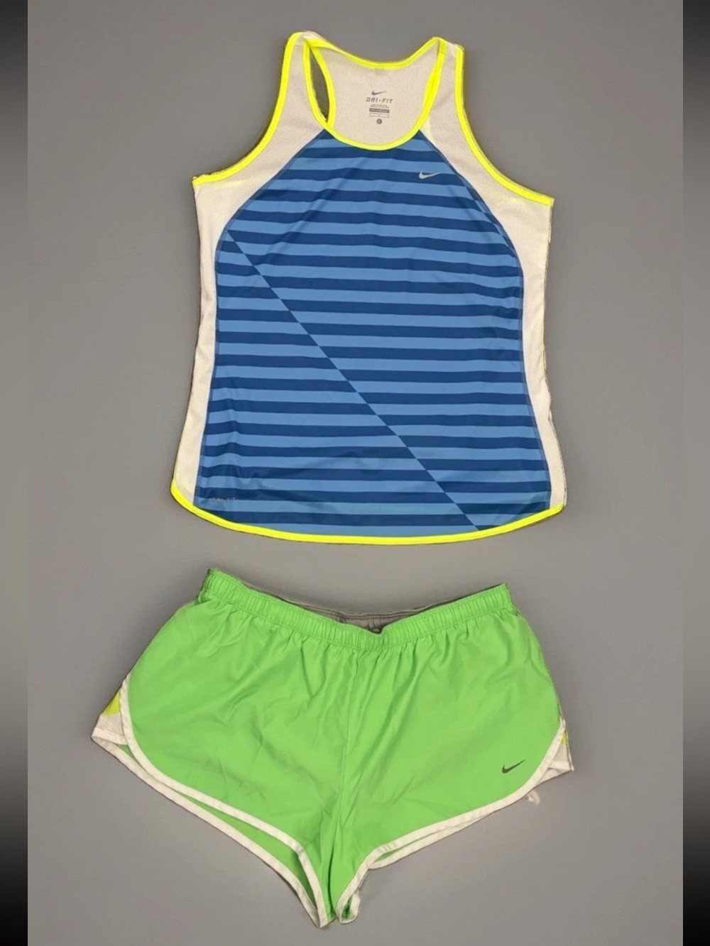 Nike Dri Fit 2 Pc Athleisure Set Striped Tank Top Lime Green Tempo Shorts SZ.L